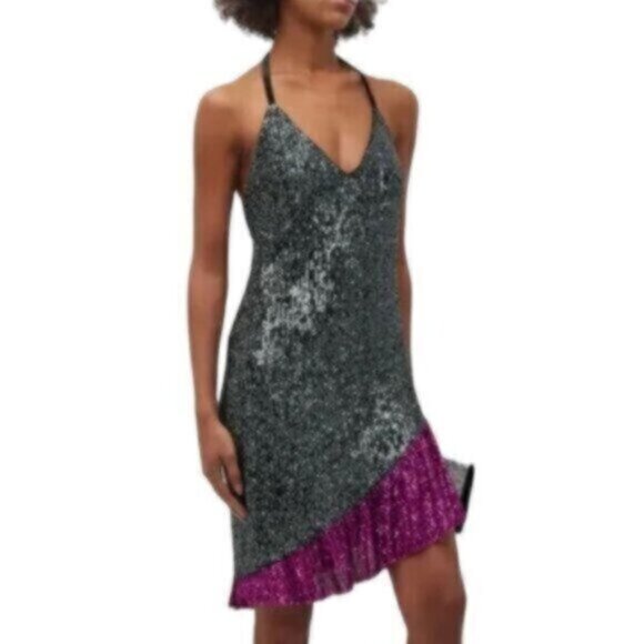 NWT One33 Social Black & Purple Sequin Colorblock Backless Halter Dress - Picture 1 of 13